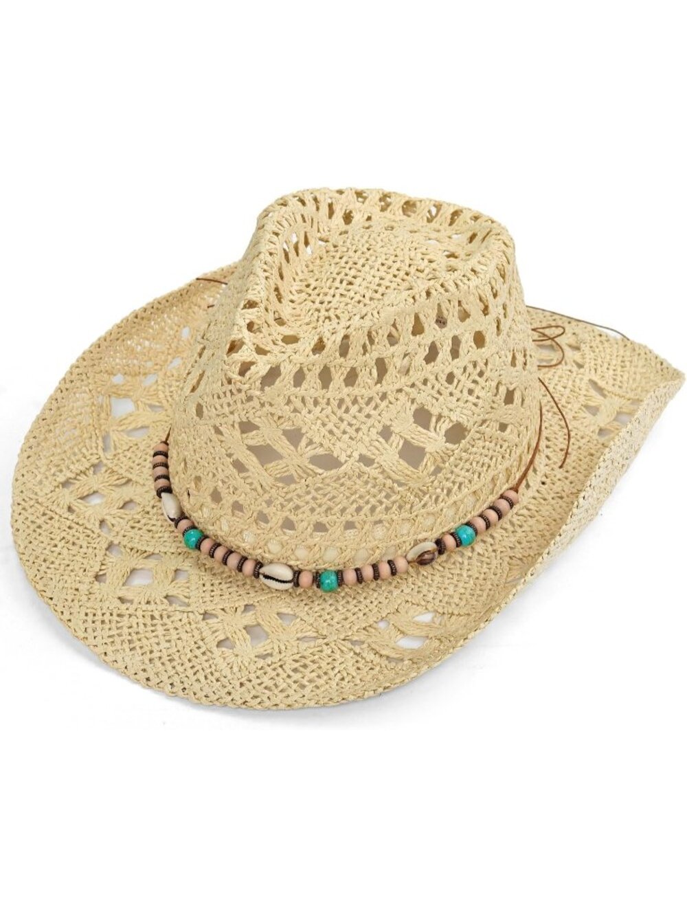 Women's Dark Beige Straw Beaded Band Wide Brim Cowboy Western Cowgirl Sun Hat